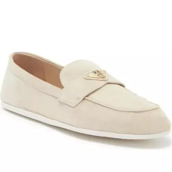 Prada Triangle Logo Suede Loafers Beige 38 - Picture 1 of 4